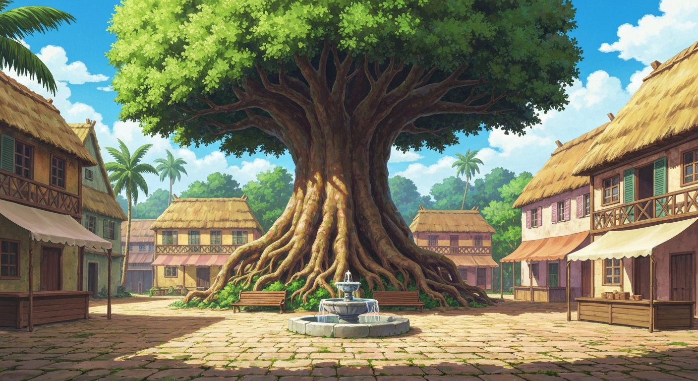 Village Square — morning gathering place under the ceiba tree